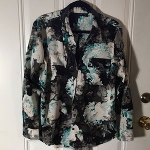 Apt 9 woman’s long sleeved button front black teal floral design blouse size XL